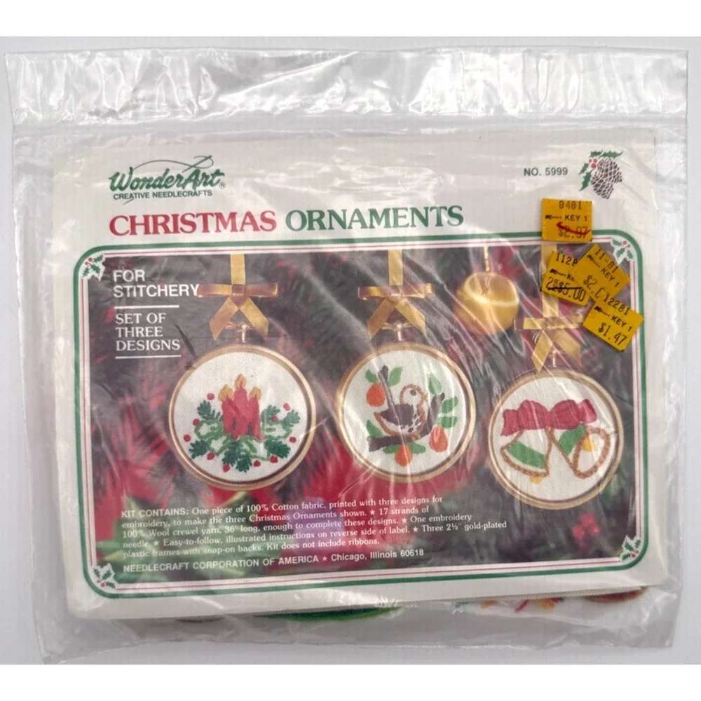 Lot of 2 WonderArt Christmas Ornament Kits Needlepoint Stitchery Crewel Sealed